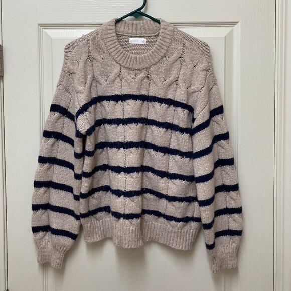 LC Lauren Conrad Cable Knit Womens Crewneck Sweater Size M Oatmeal Diana Stripe - Picture 1 of 15